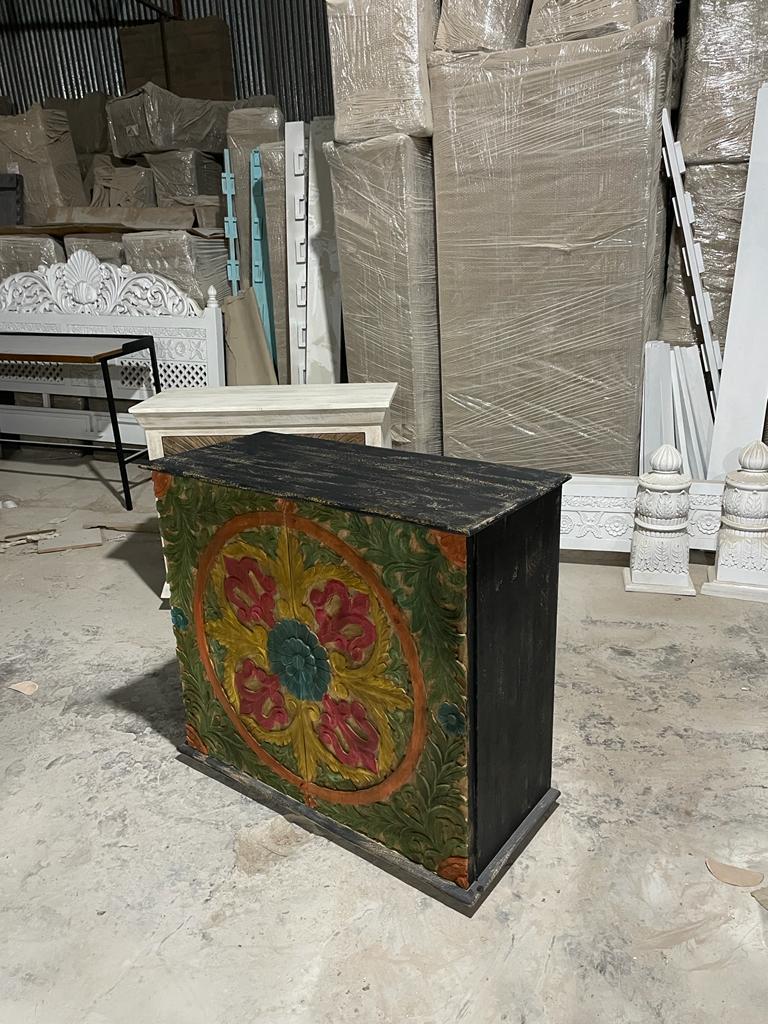 Hamala Hand Carved Distressed Mango Wood Accent Storage Cabinet – handcrafted solid wood furniture