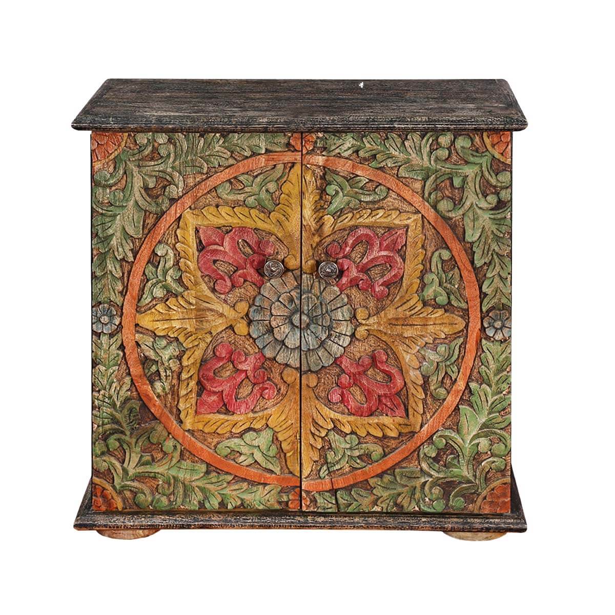 Hamala Hand Carved Distressed Mango Wood Accent Storage Cabinet – handcrafted solid wood furniture