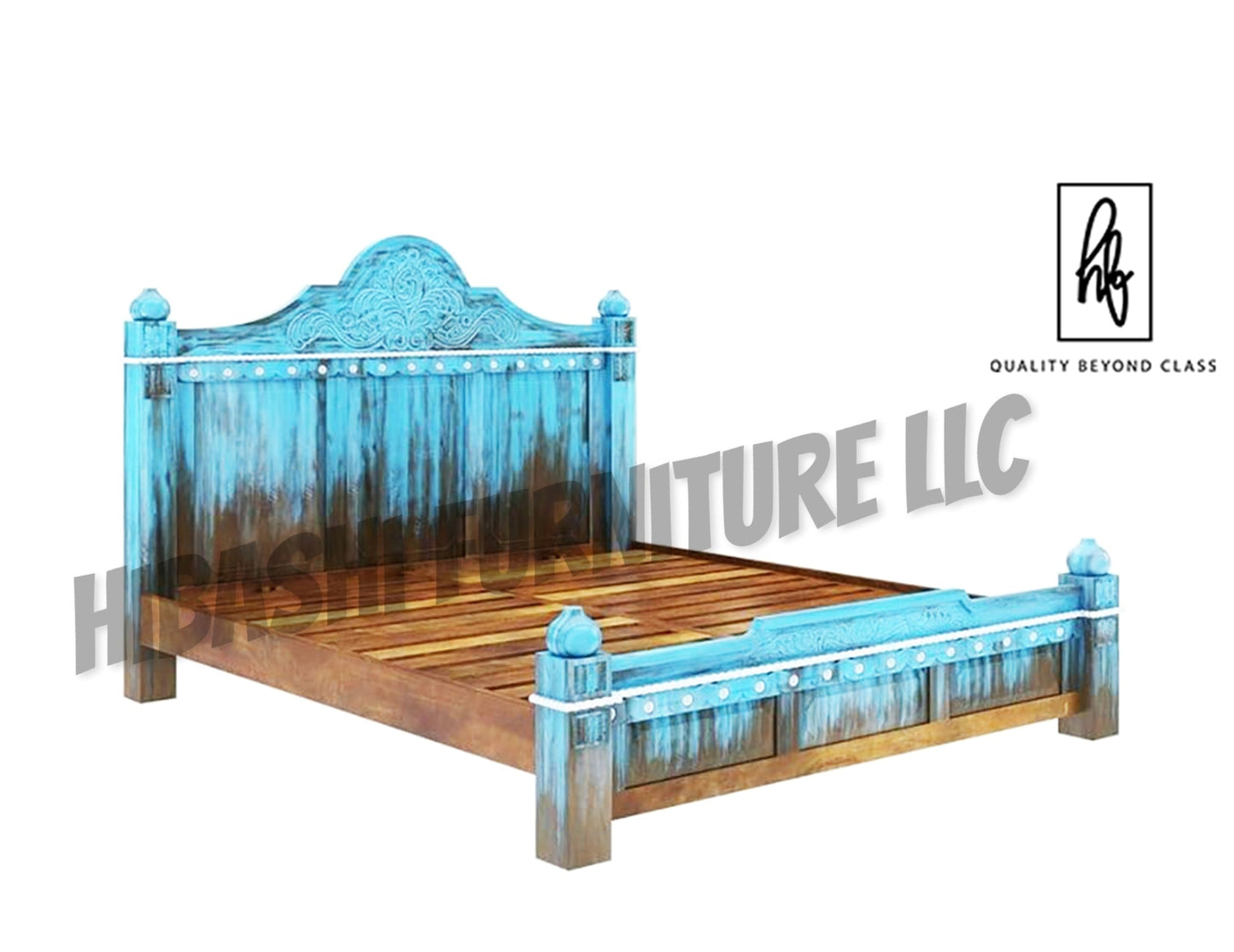 Hand Carved Blue Wash Solid Mango Wood Platform Bed – handcrafted solid wood furniture