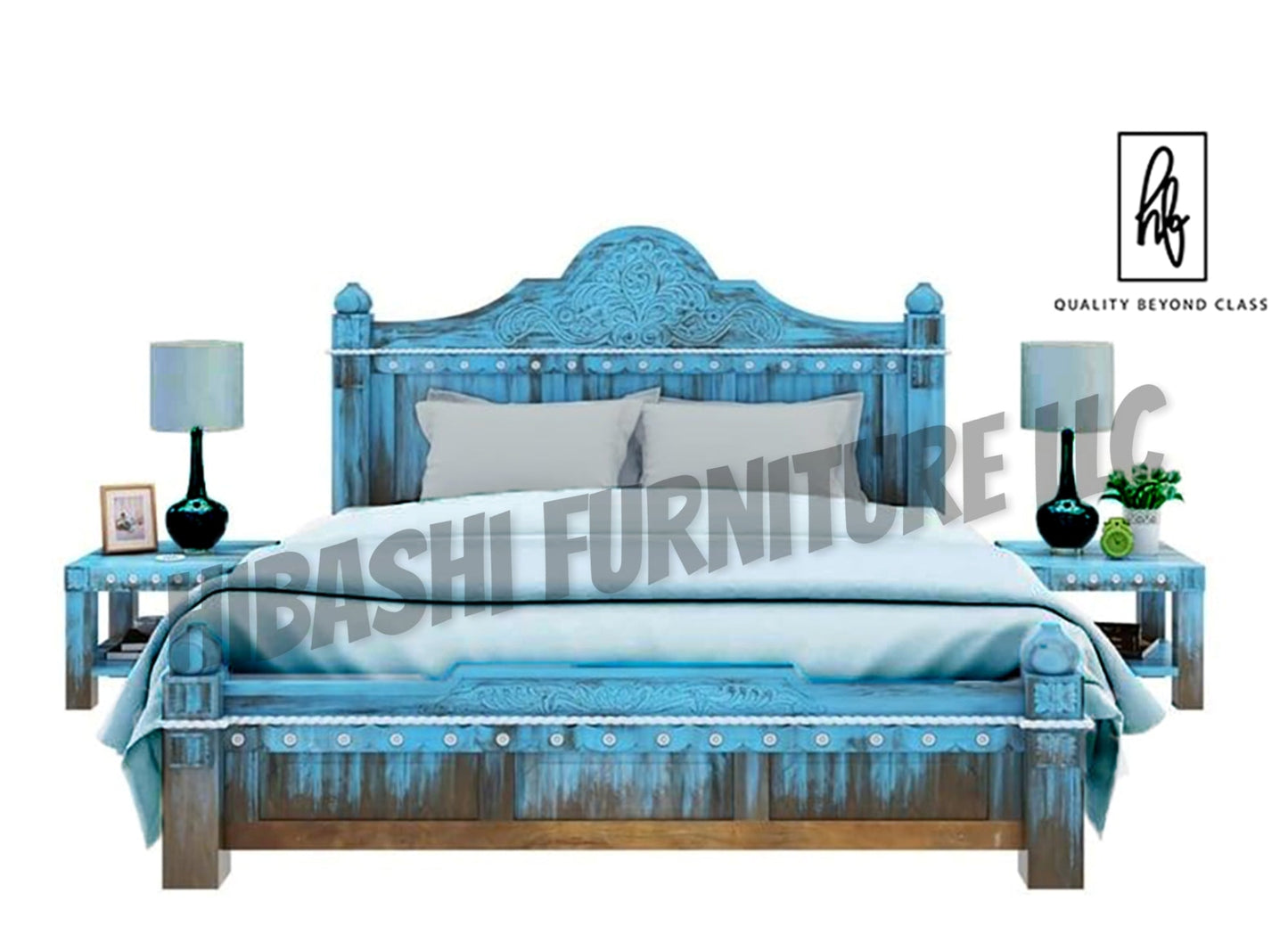 Hand Carved Blue Wash Solid Mango Wood Platform Bed – handcrafted solid wood furniture