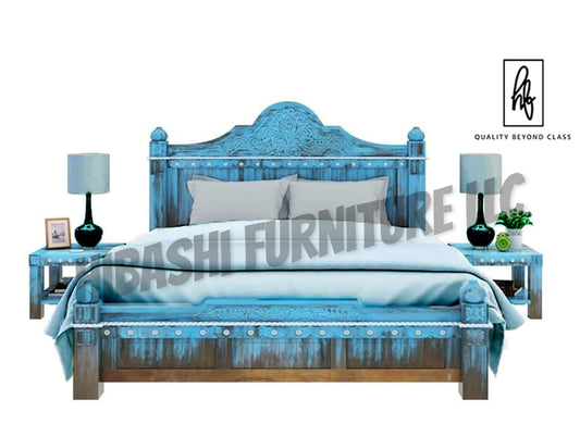 Hand Carved Blue Wash Solid Mango Wood Platform Bed by Hibashi Furniture – handcrafted solid wood furniture made in India