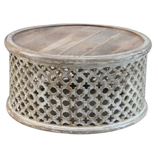 Hand Carved Floral Round Coffee Table by Hibashi Furniture – handcrafted solid wood furniture made in India