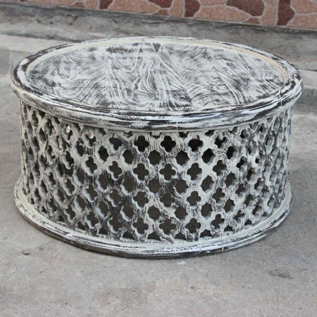 Hand Carved Floral Round Coffee Table – handcrafted solid wood furniture