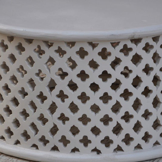 Hand Carved Floral Round Coffee Table by Hibashi Furniture – handcrafted solid wood furniture made in India