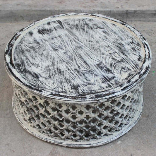 Hand Carved Floral Round Coffee Table by Hibashi Furniture – handcrafted solid wood furniture made in India