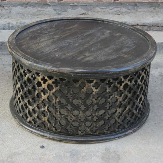 Hand Carved Floral Round Coffee Table by Hibashi Furniture – handcrafted solid wood furniture made in India