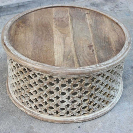 Hand Carved Floral Round Coffee Table by Hibashi Furniture – handcrafted solid wood furniture made in India