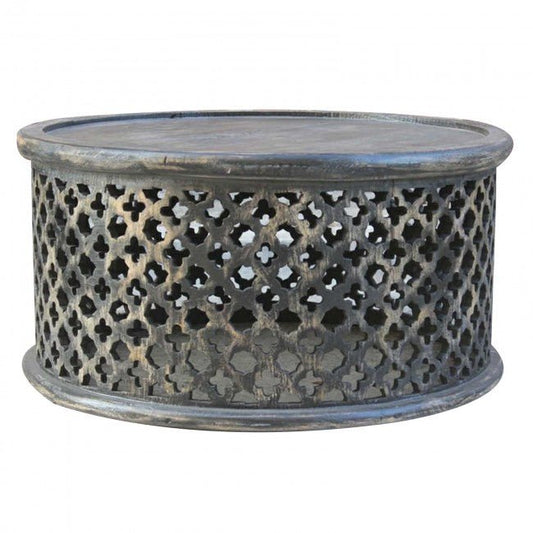 Hand Carved Floral Round Coffee Table by Hibashi Furniture – handcrafted solid wood furniture made in India