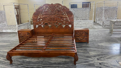 Hand Carved Indian Shajahan Bed Frame Indian Bed bedside by Hibashi Furniture – handcrafted solid wood furniture made in India