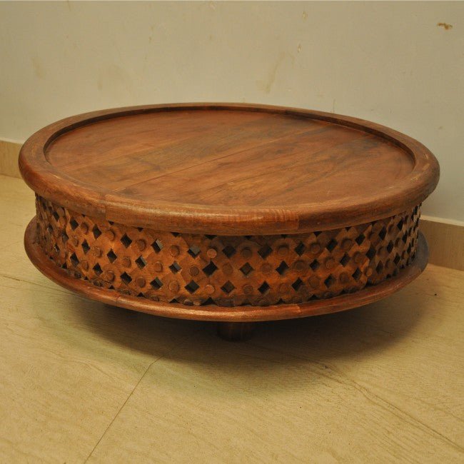 Hand Carved Round Coffee Table with Legs – handcrafted solid wood furniture
