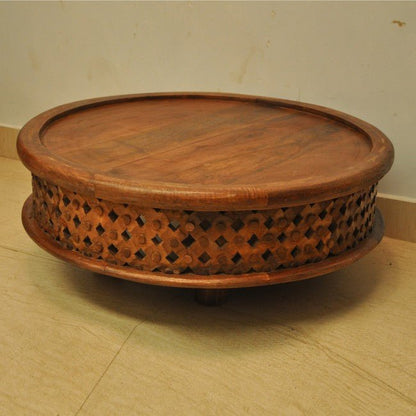Hand Carved Round Coffee Table with Legs – handcrafted solid wood furniture