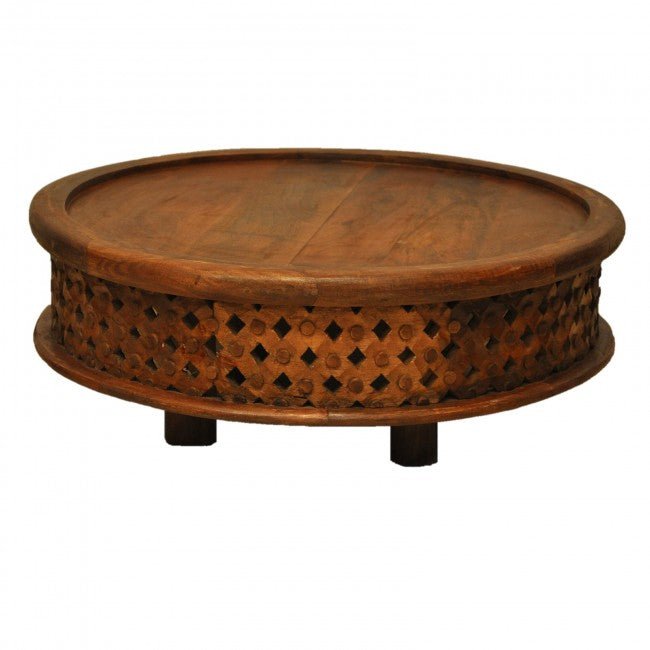 Hand Carved Round Coffee Table with Legs – handcrafted solid wood furniture