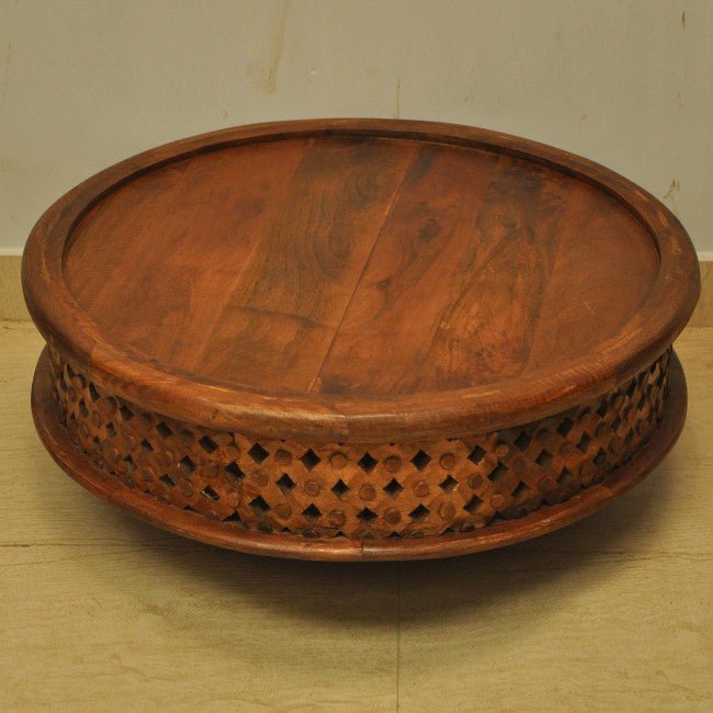 Hand Carved Round Coffee Table with Legs – handcrafted solid wood furniture