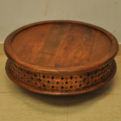 Hand Carved Round Coffee Table with Legs – handcrafted solid wood furniture