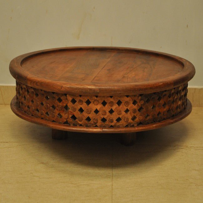 Hand Carved Round Coffee Table with Legs – handcrafted solid wood furniture