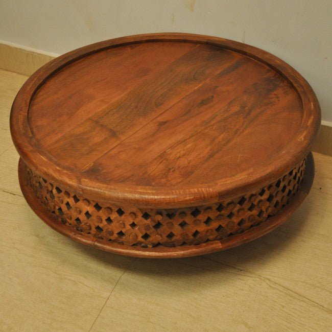 Hand Carved Round Coffee Table with Legs – handcrafted solid wood furniture