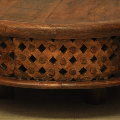 Hand Carved Round Coffee Table with Legs – handcrafted solid wood furniture
