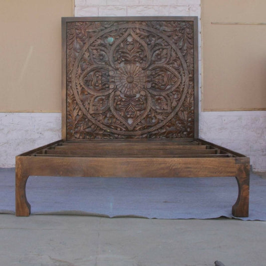 Riffa Hand Carved Indian Solid Wood Panel Bed Frame Queen/King