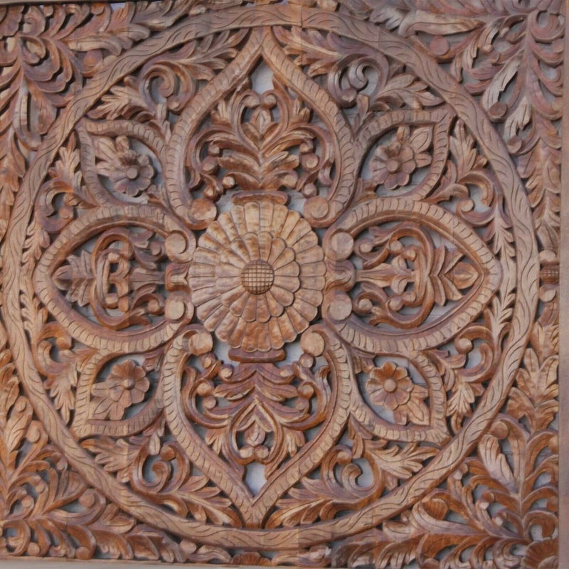 Marco de cama de panel de madera maciza india tallada a mano Riffa Queen/King