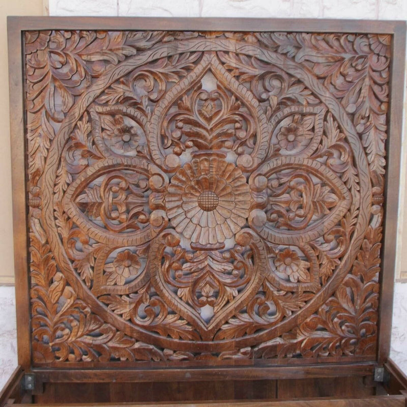 Riffa Hand Carved Indian Solid Wood Panel Bed Frame Queen/King