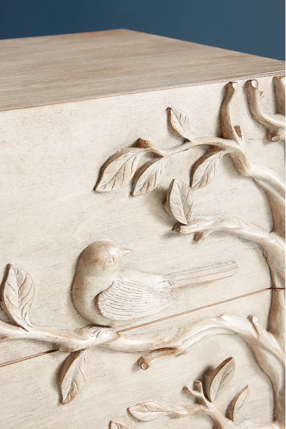 Handcarved Ornithology Three - Drawer Dresser by Hibashi Furniture – handcrafted solid wood furniture made in India