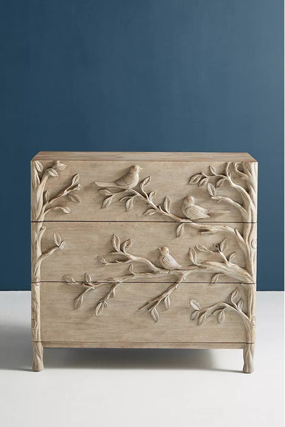 Handcarved Ornithology Three - Drawer Dresser by Hibashi Furniture – handcrafted solid wood furniture made in India