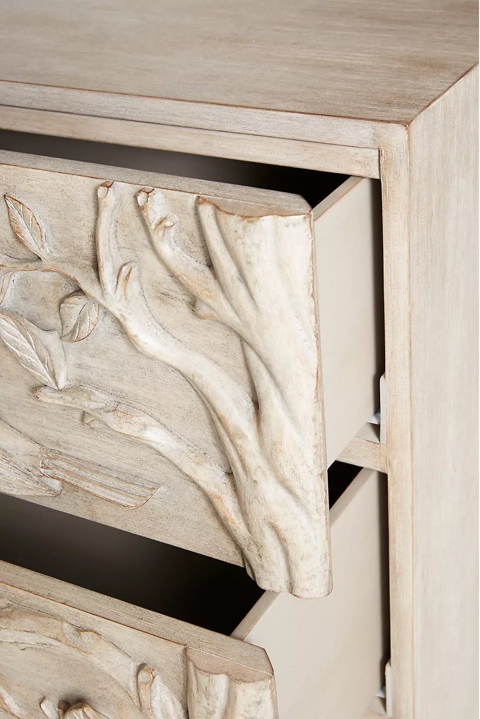 Handcarved Ornithology Three - Drawer Dresser by Hibashi Furniture – handcrafted solid wood furniture made in India