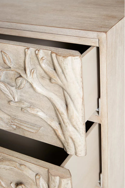 Handcarved Ornithology Three - Drawer Dresser by Hibashi Furniture – handcrafted solid wood furniture made in India