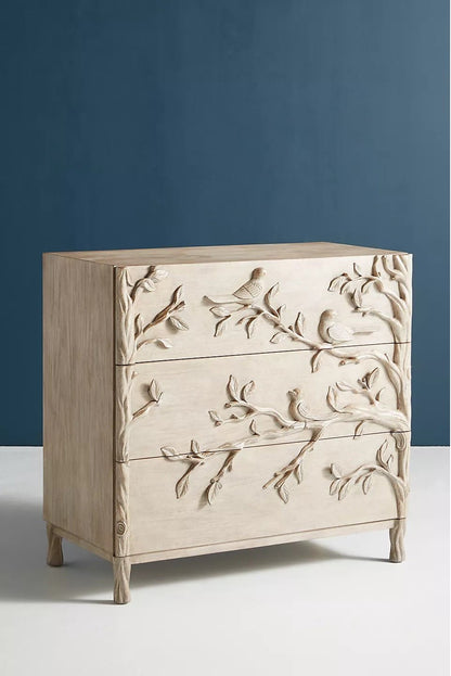 Handcarved Ornithology Three - Drawer Dresser by Hibashi Furniture – handcrafted solid wood furniture made in India
