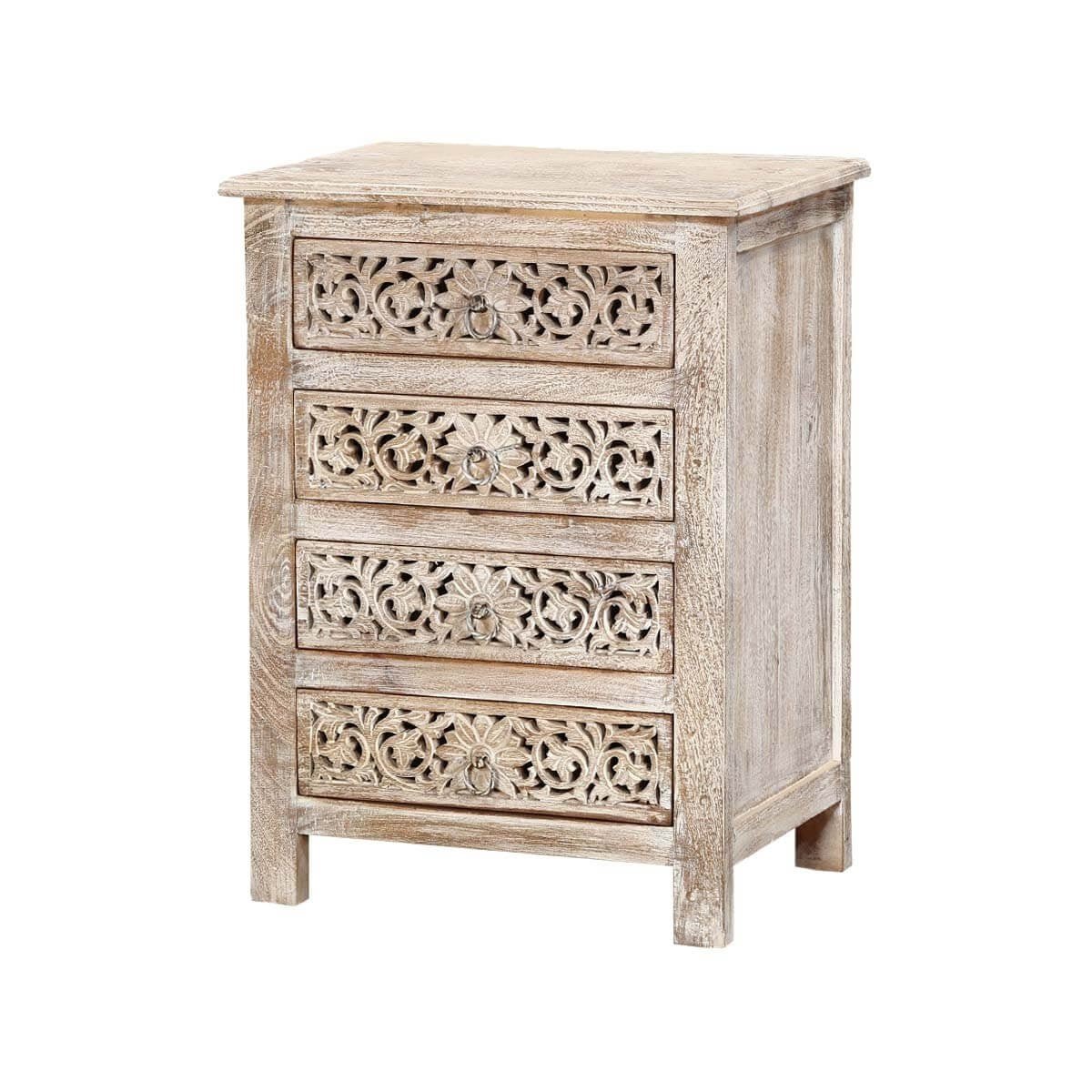 Hibashi - Antique Hand Carved Bedside Table Whitewash by Hibashi Furniture – handcrafted solid wood furniture made in India