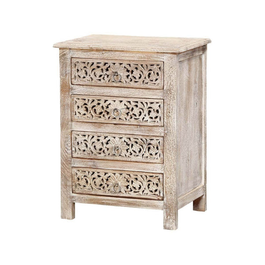 Hibashi - Antique Hand Carved Bedside Table Whitewash by Hibashi Furniture – handcrafted solid wood furniture made in India