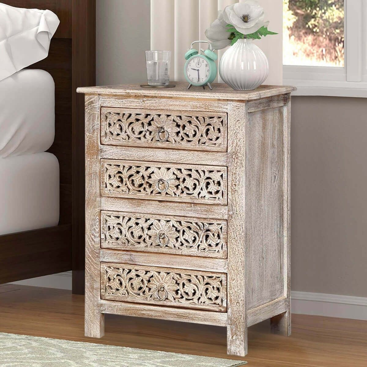 Hibashi - Antique Hand Carved Bedside Table Whitewash by Hibashi Furniture – handcrafted solid wood furniture made in India