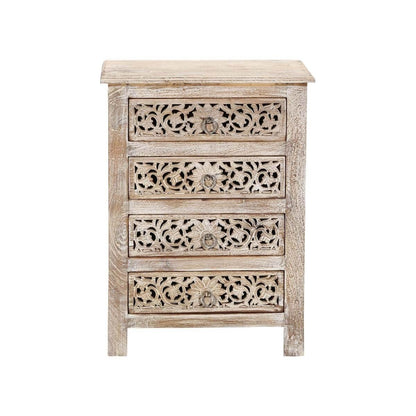 Hibashi - Antique Hand Carved Bedside Table Whitewash by Hibashi Furniture – handcrafted solid wood furniture made in India