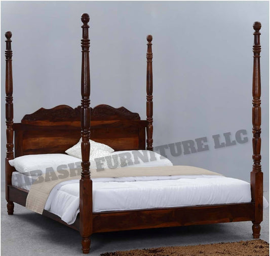 Hibashi Solid Wood Four Poster Platform Bed Frame w Headboard by Hibashi Furniture – handcrafted solid wood furniture made in India
