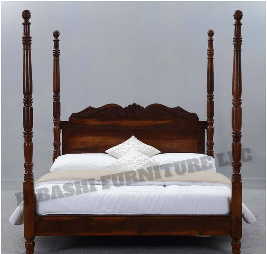 Hibashi Solid Wood Four Poster Platform Bed Frame w Headboard by Hibashi Furniture – handcrafted solid wood furniture made in India