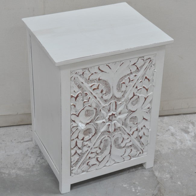 Indian Floral Design Hand Carved Wooden Bedside Table/ Hand Made Nightstand