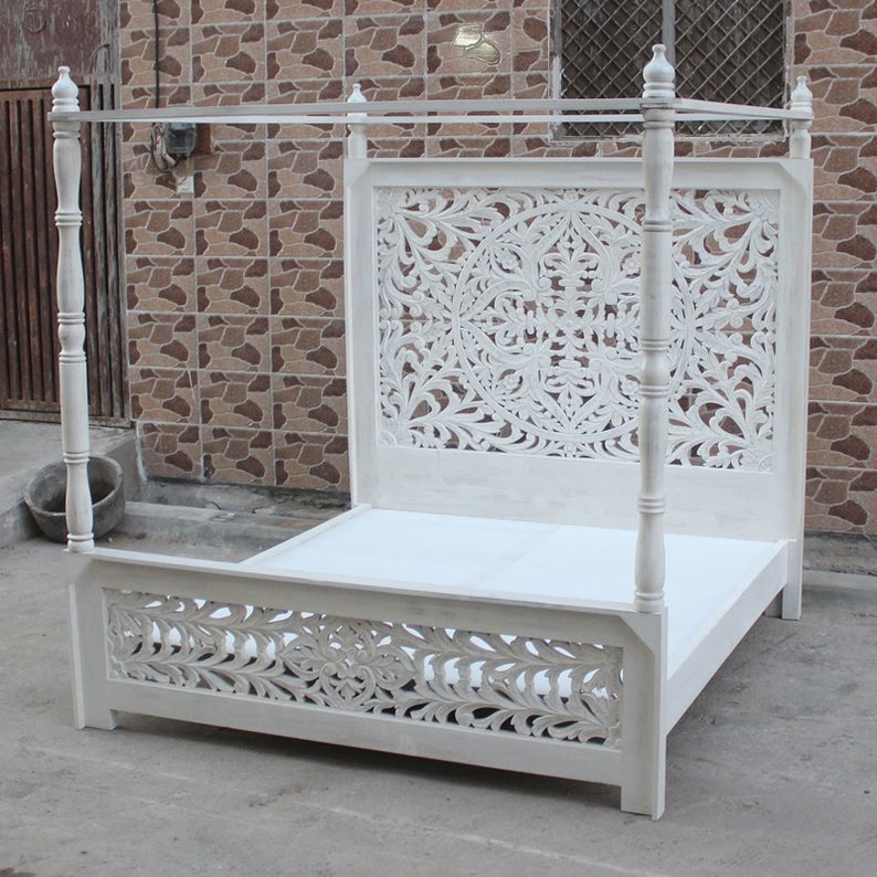 Indian Hand Carved wooden High Headboard Canopy Bed Frame-King/Queen