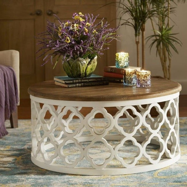 Mesa Jali de café redonda de madera hecha a mano, mesa de madera maciza hecha a mano tallada india