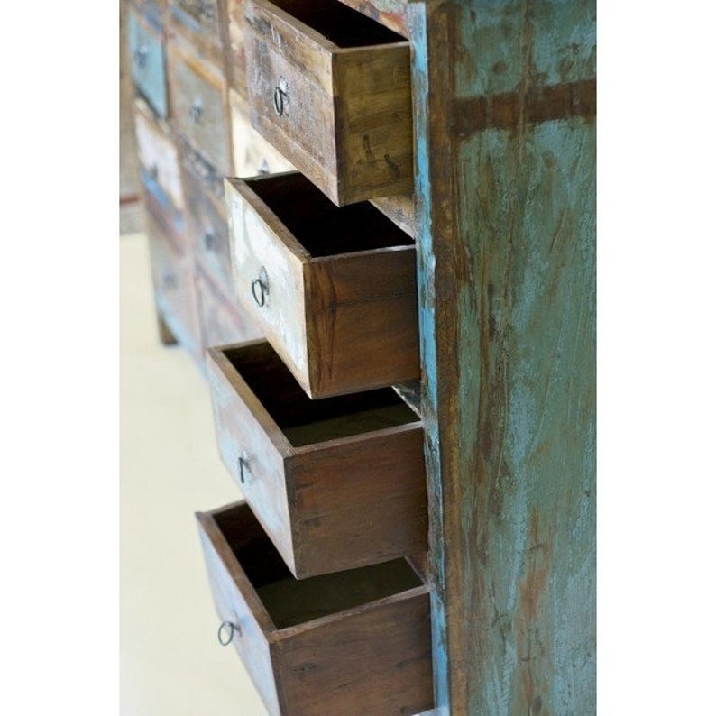 Mesa buffet aparador de madera reciclada Rustica con cómoda de 16 cajones