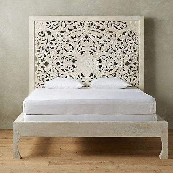 Dynasty hand carved Indian Solid wooden bed frame White