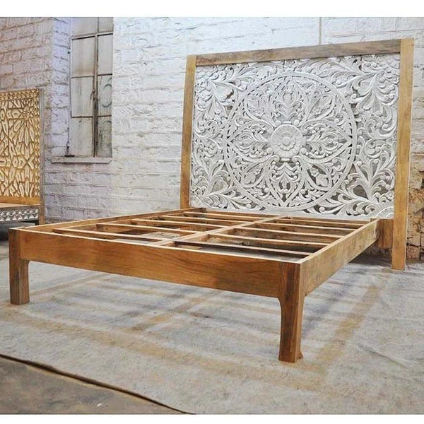 Estructura de cama de madera maciza india tallada de dinastía de dos tonos
