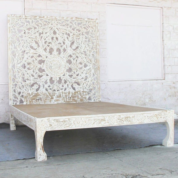 Dinastía tallada a mano India Marco de cama Nadia de madera maciza Blanco