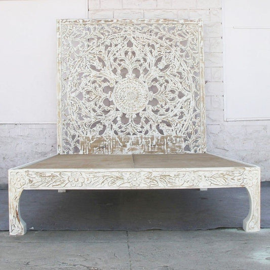 Dynasty hand carved Indian Solid wooden Nadia bed frame White