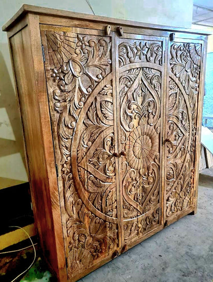 ILANO Hand - carved Solid Mango Wood 3 - door Armoire – handcrafted solid wood furniture