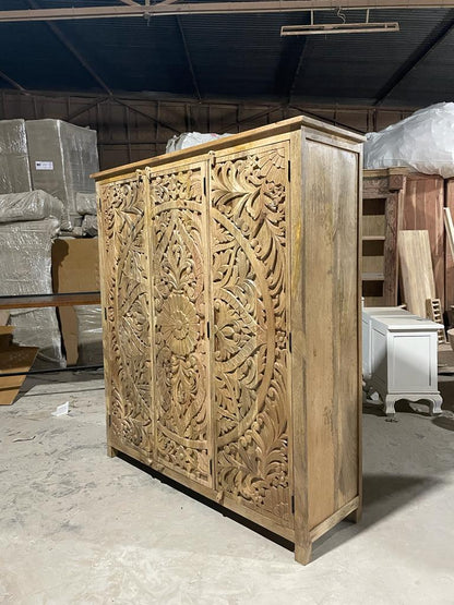 ILANO Hand - carved Solid Mango Wood 3 - door Armoire – handcrafted solid wood furniture