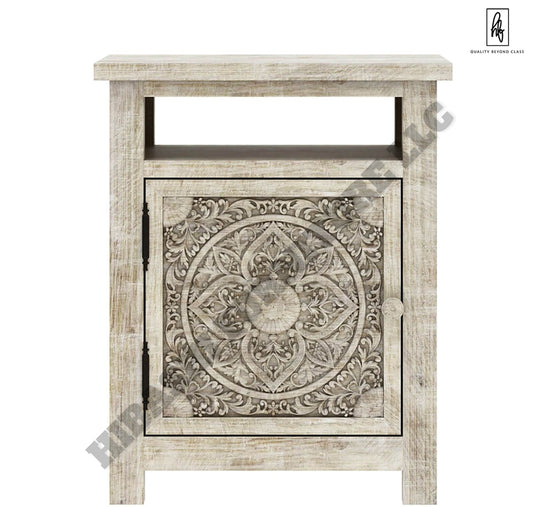 ILANO Weathered Hand - carved Solid Mango Wood Nightstand by Hibashi Furniture – handcrafted solid wood furniture made in India