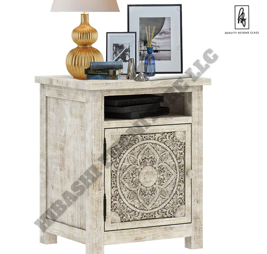 ILANO Weathered Hand - carved Solid Mango Wood Nightstand by Hibashi Furniture – handcrafted solid wood furniture made in India