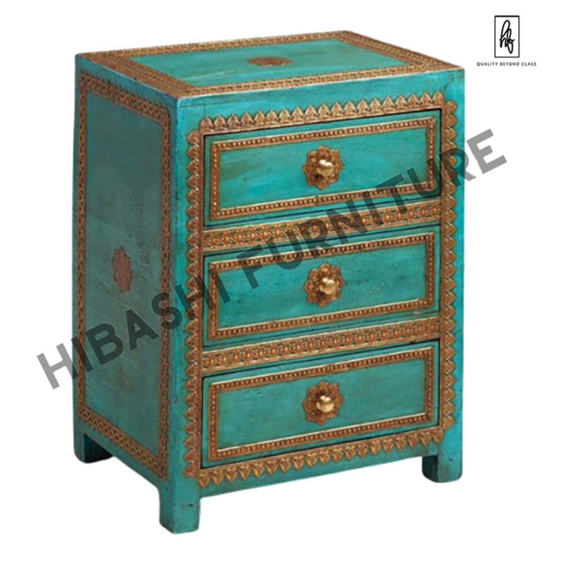 ARI Indian Solid Mango Wood Hand Carved Brass fitting Bedside Cabinet