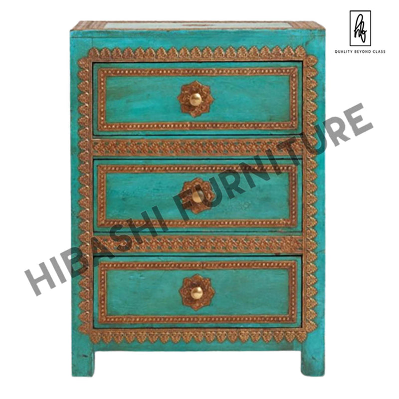 ARI Indian Solid Mango Wood Hand Carved Brass fitting Bedside Cabinet