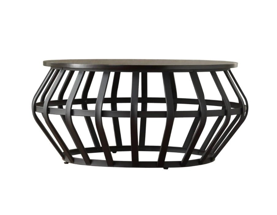 INDANG Metal Frame Round Cage Slate Accent Coffee Table – handcrafted solid wood furniture
